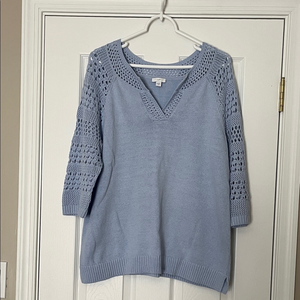 Light Blue Knit V-Neck Sweater with Crochet Sleeves